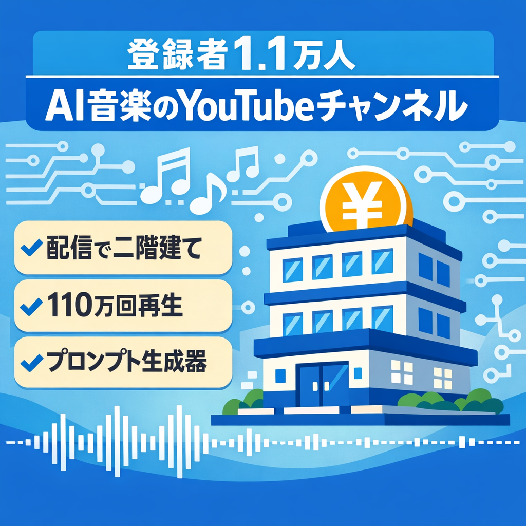 【最終値下げ】登録者1.1万人・最高月収17万・属人性なし・収益化済みAI音楽YouTubeチャンネル！110万回再生のヒット実績あり！独自プロンプトジェネレーター付き！