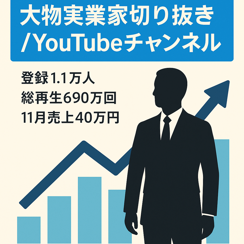 大物実業家切り抜きYoutubeチャンネル【総再生回数690万回/総再生時間28万時間/11月売上40万】