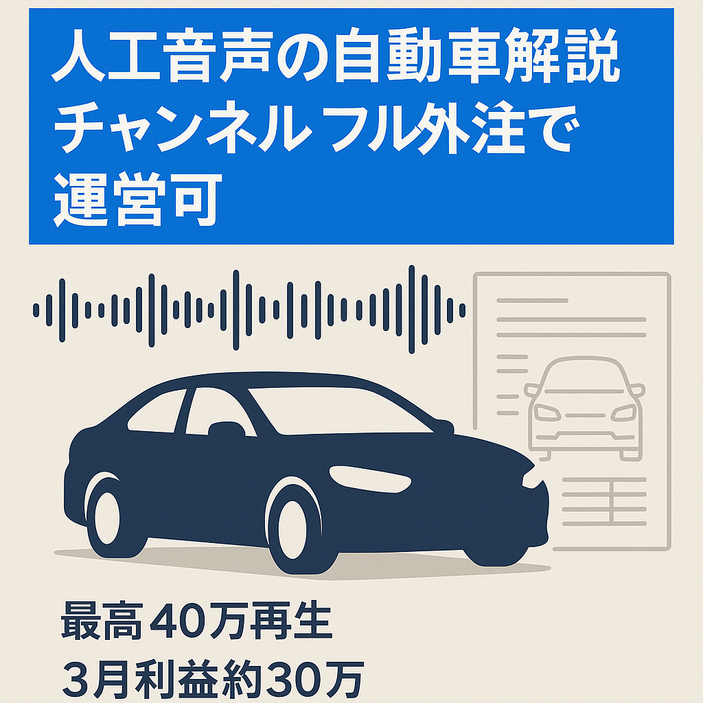 【2月に収益化/3月の利益約30万円】人工音声を用いた自動車系の解説CH。最高40万再生超え、フル外注で運営可能！【属人性無し】