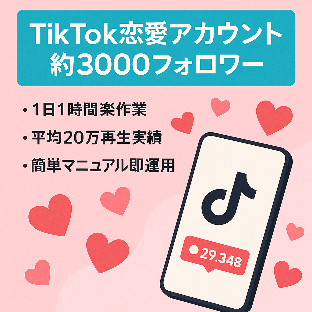 【TikTokフォロワー約3,000人！】マニュアル通りで即運用、汎用性の高い恋愛アカウント