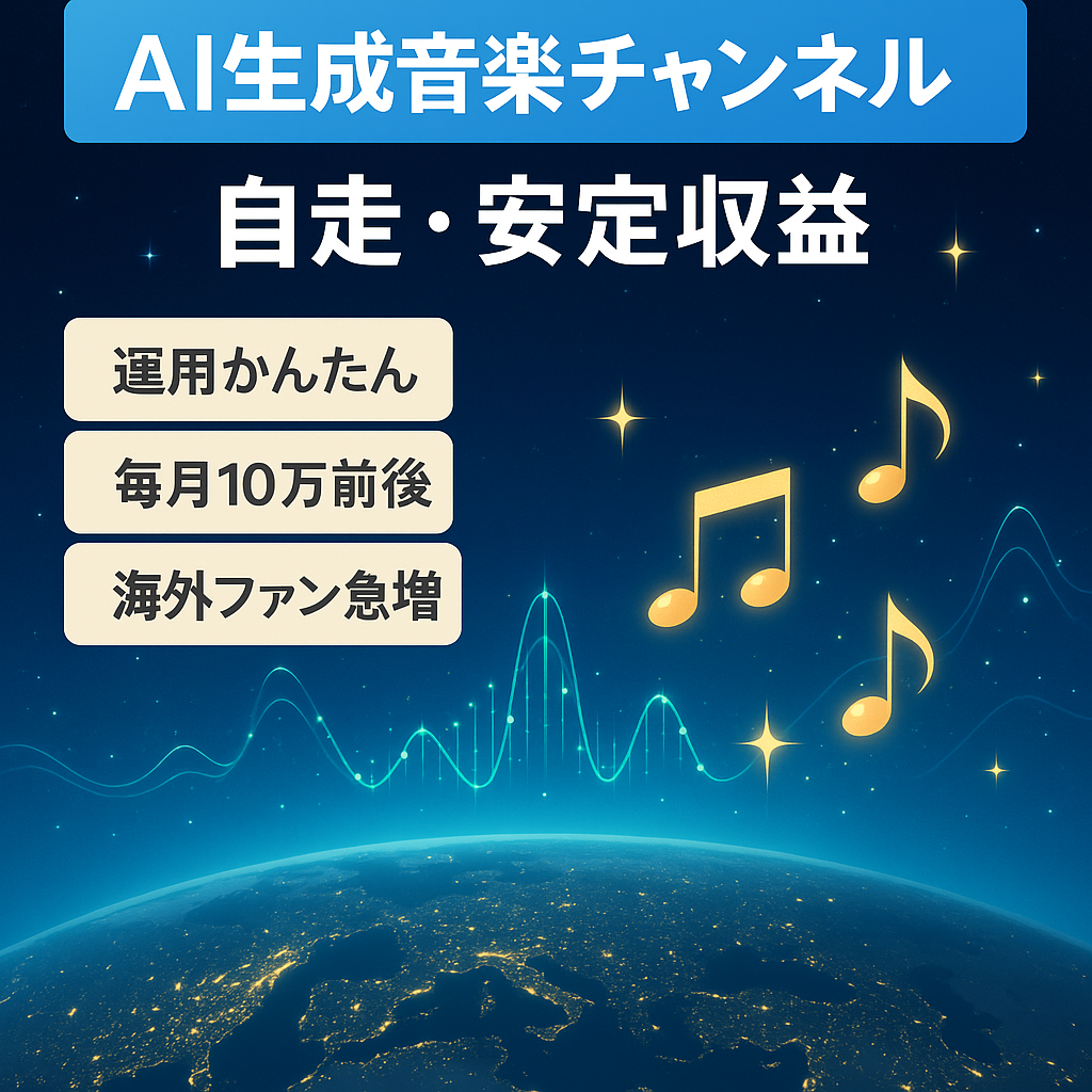【伸び代抜群+安定収益】自走可能なAI生成の音楽配信チャンネル　収益化初月の8月収益：9万円