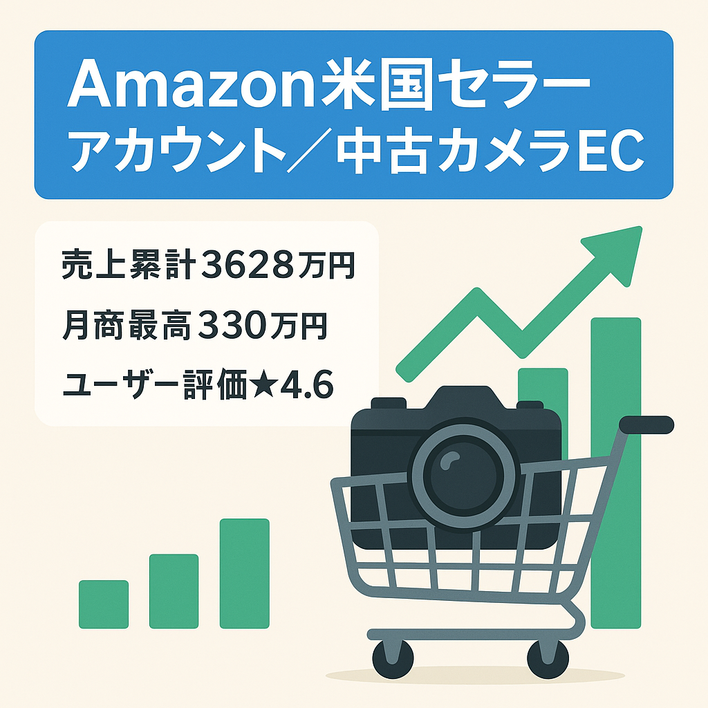 EC事業：Amazonアメリカ セラーアカウント 中古カメラ多数販売実績 累計売上3,628万円 2021年開設【ユーザー評価★4.6、アカウント健全性評価満点】