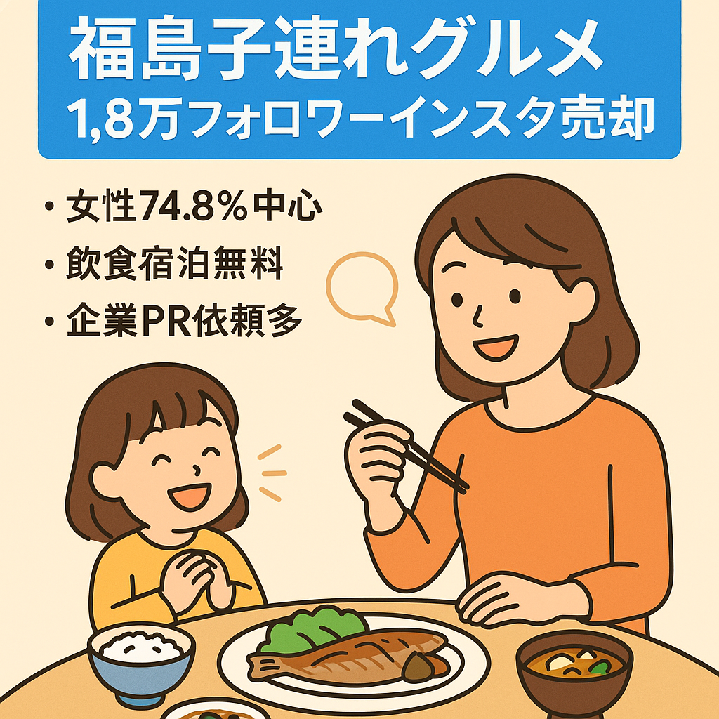 最終価格【インスタ1.8万FW】福島で地域No.1子連れグルメアカウント♪認知度MAX！食事無償提供＋企業案件多数◎