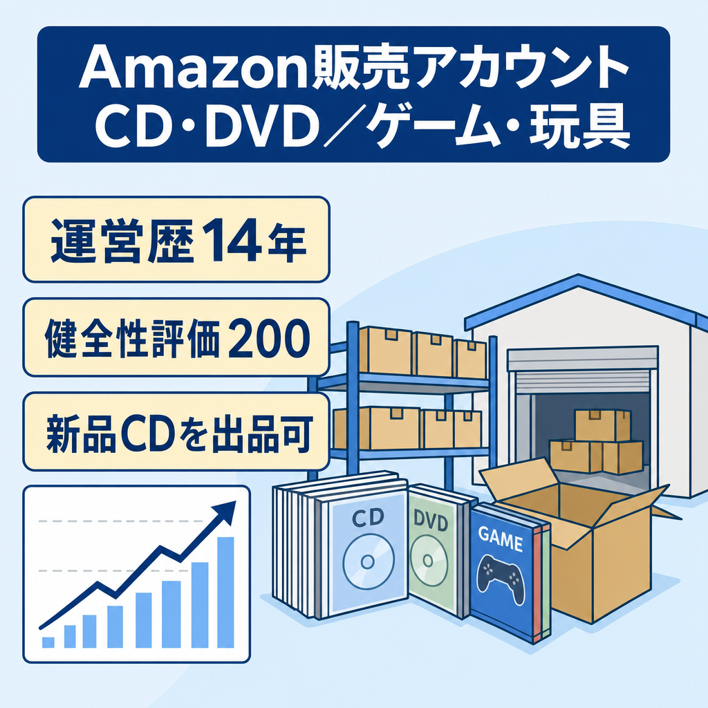 EC事業：【Amazon FBA販売】運営歴14年 (2012年〜)CD・DVD販売（新品CD出品可能）ゲーム・玩具販売。引当金なし・振込リクエスト可・アカウント健全性評価200・販売評価4.8