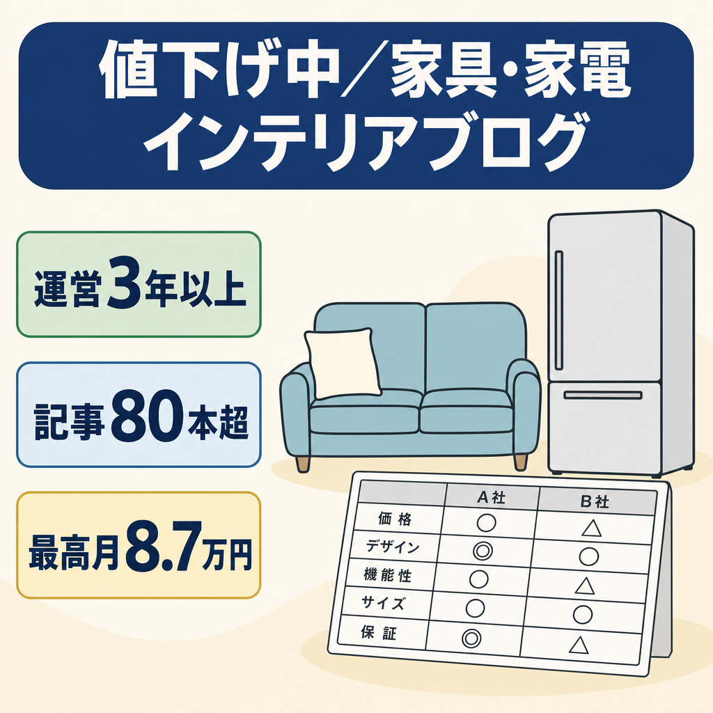 【値下げ中】【運営約3年・記事80本超】高単価の家具・家電インテリア比較ブログ