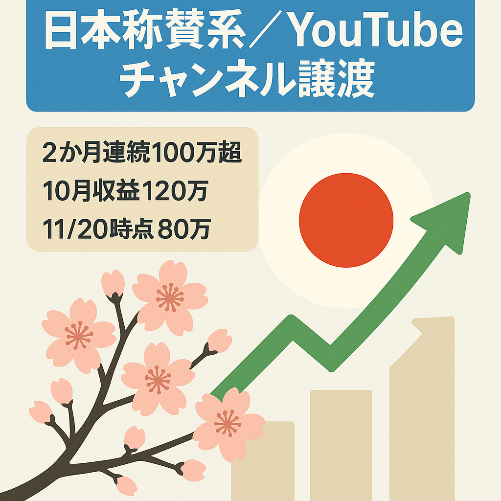 【2ヶ月連続100万円越え】※最終値下げです。スピード重視！高齢者層に強い日本称賛系ジャンルのYoutubeチャンネル譲渡！10月収益120万円超
