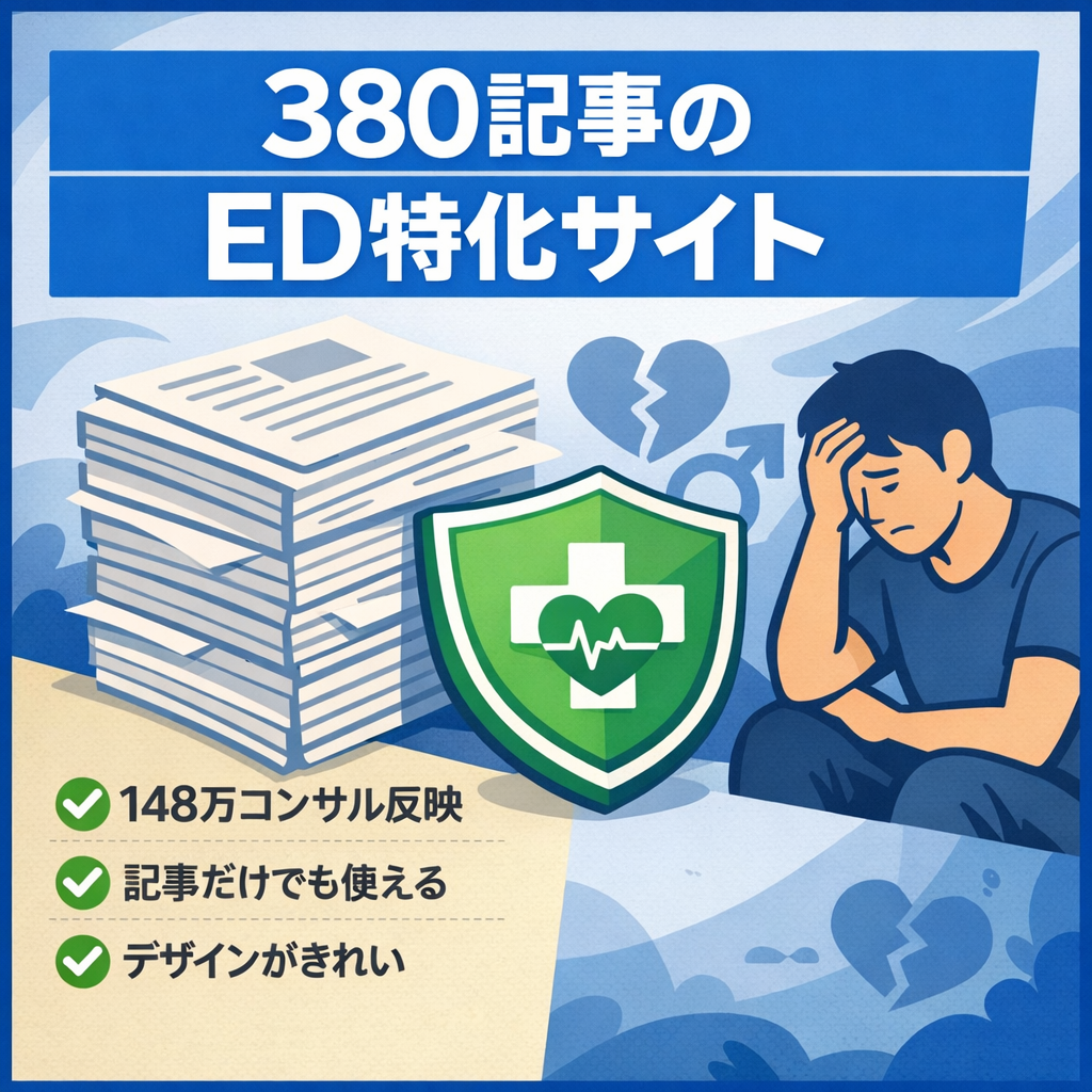 380記事のED特化型のサイトです。月に数千万円を稼ぐアフィリエイトのプロから148万のコンサルを受け作成したサイトです。記事だけでも使い道があります。