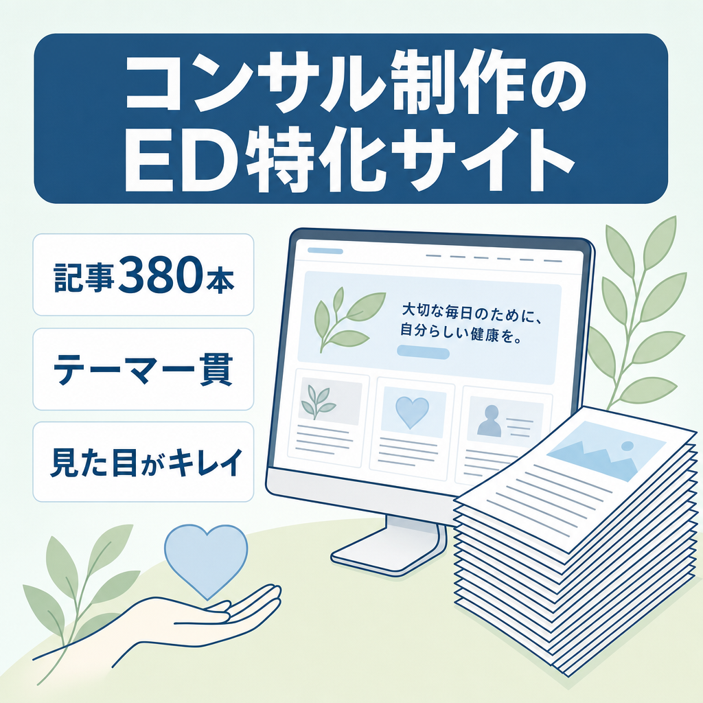プロのアフィリエイターからコンサルを受け作成したED特化型のサイトです。380記事が利用可能です。
