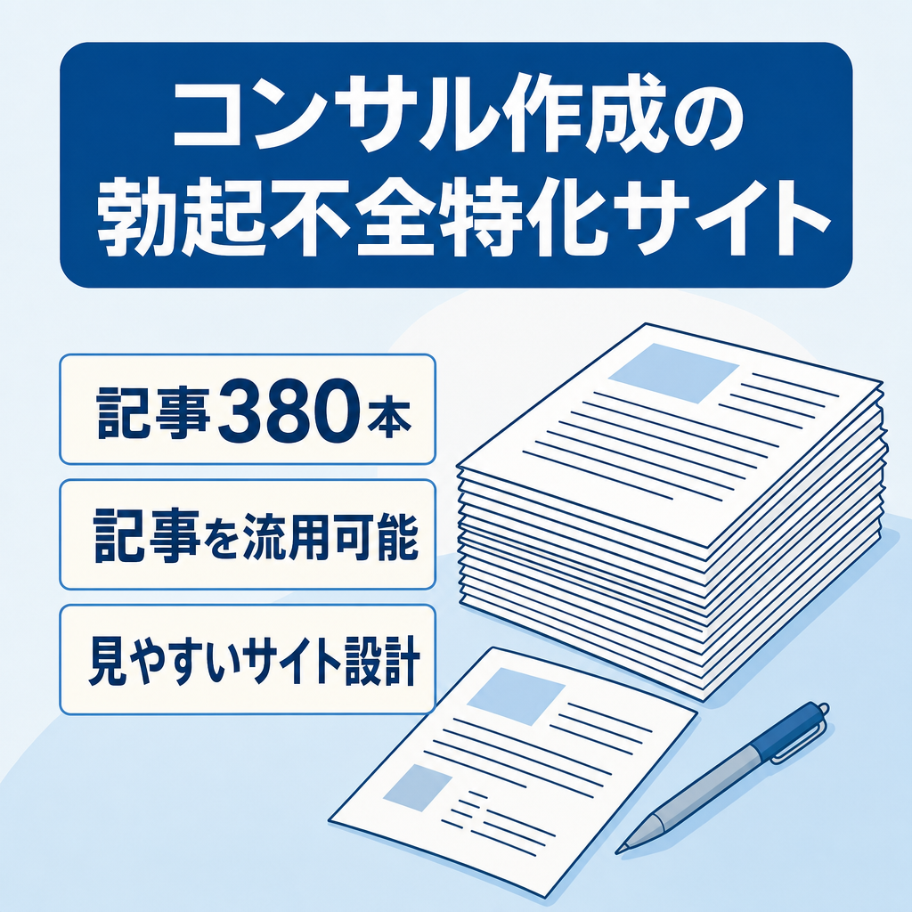 文字数多めの380記事が流用可能！プロのアフィリエイターからコンサルを受け作成したED特化型のサイトです。