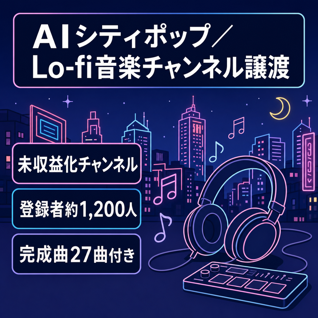【未収益化・登録者約1,200人】AI City Pop／Lo-fi音楽YouTube｜完成曲・制作資料付き