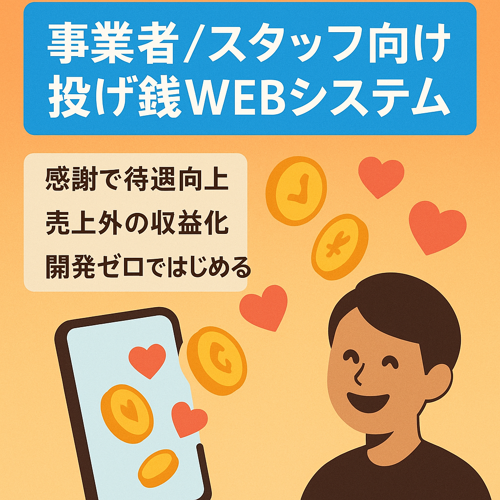 事業者・スタッフへの投げ銭WEBシステム　従業員やスタッフなどに対して、ギフティングすることで、感謝や応援の気持ちを伝えることができるサービス