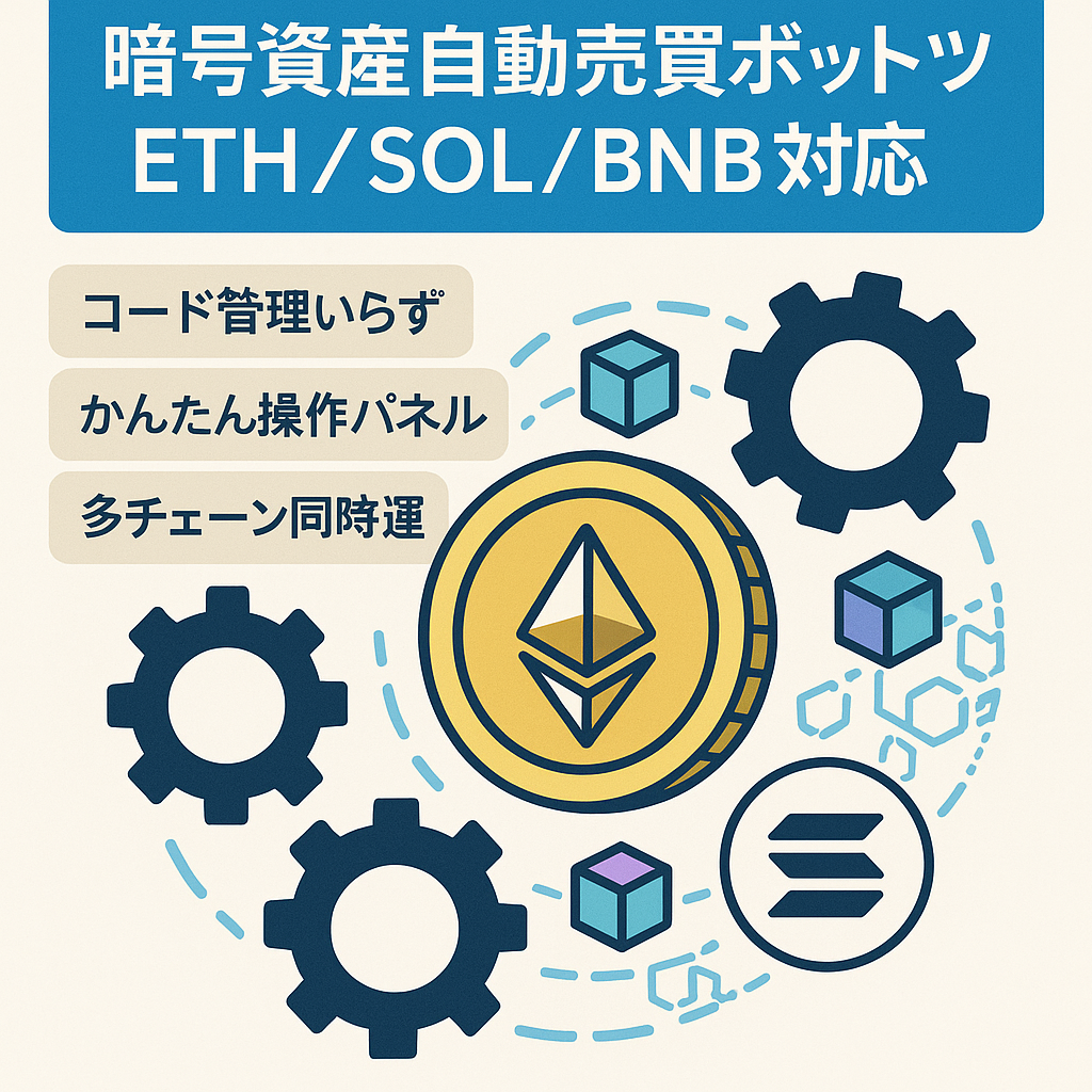 暗号資産、クリプト自動売買ボットツール、ETH,SOL,BNB各種ブロックチェーン対応