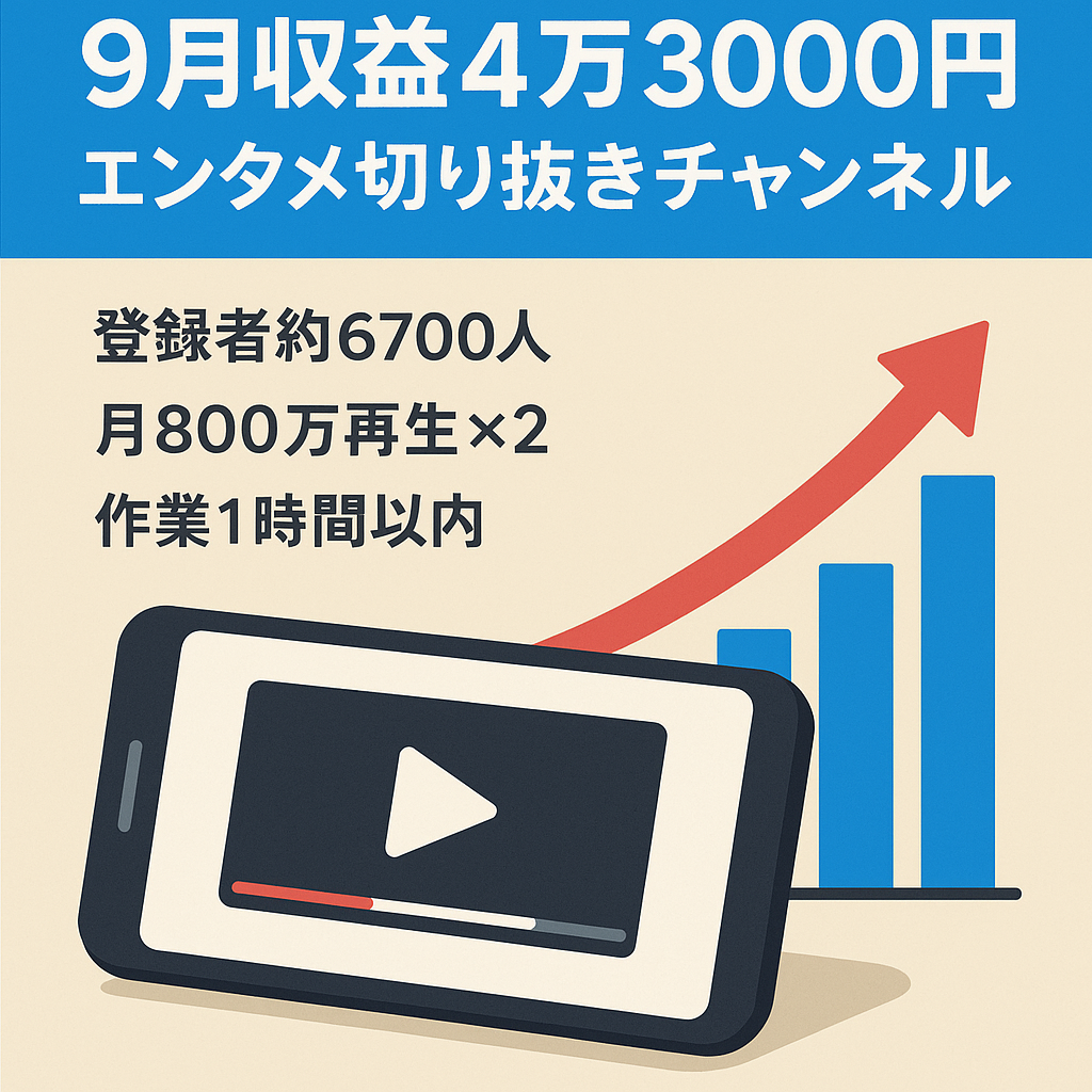 【9月収益4万3000円】チャンネル登録者約6700人、ショート月間再生回数2ヶ月連続800万回超のエンタメ系切り抜きチャンネル