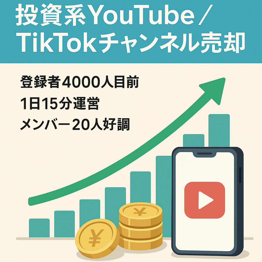 【1日15分/顔・声出しナシ】登録者4000人（メンバーシップ20人）目前の投資系YouTubeチャンネル!FX経験者なら一人で運営可能。※TikTokアカウント（2.5kフォロワー）も付与