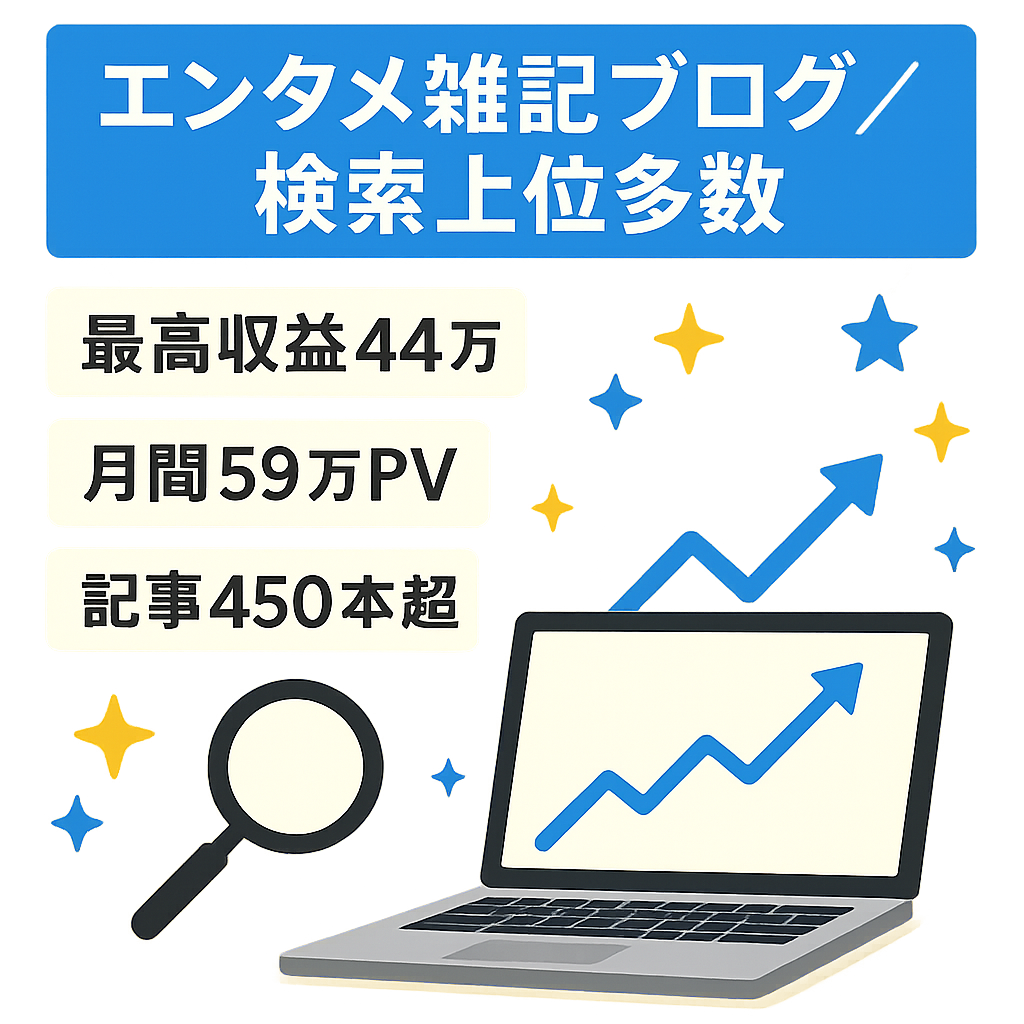【最高月収44万円】検索1位多数で10~20万円以上安定で収益右肩上がり中！ネタが尽きないエンタメ雑記ブログ｜高品質な記事450以上で外注化もしやすいサイトです