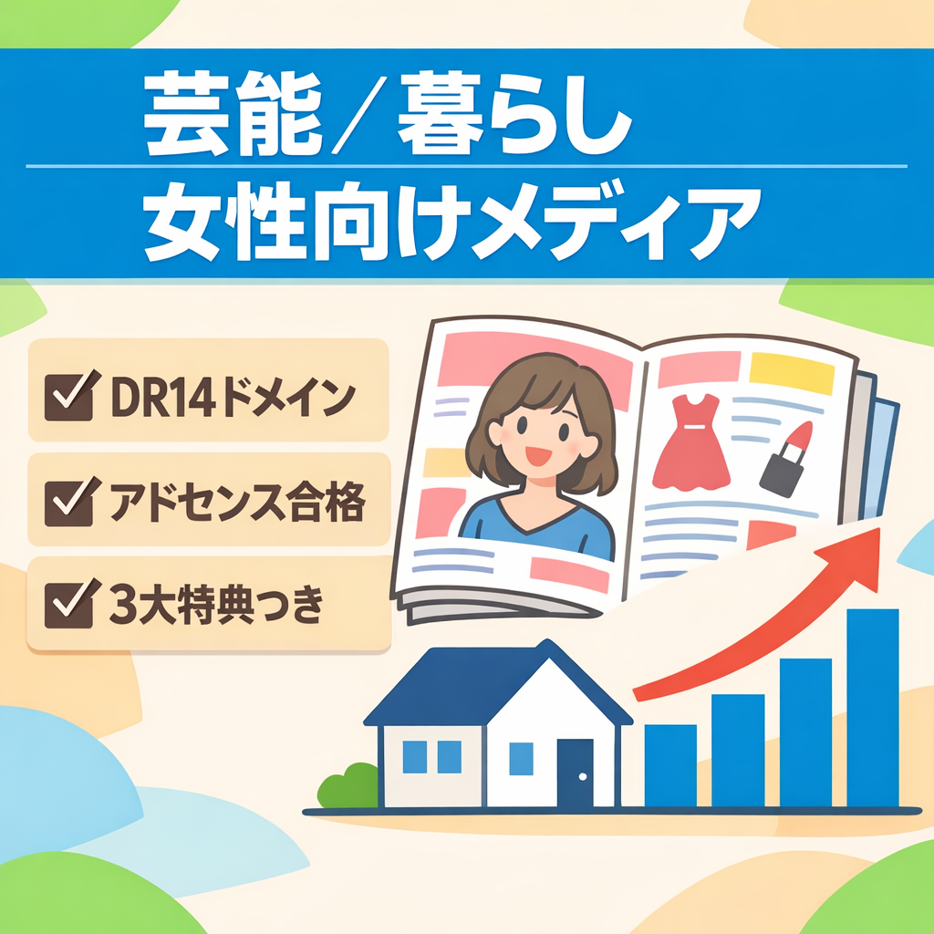 大幅値下げ！！【ドメインパワーDR14】芸能エンタメ・暮らしジャンル！AIで効率的に育成した新規メディア【3大特典付き】