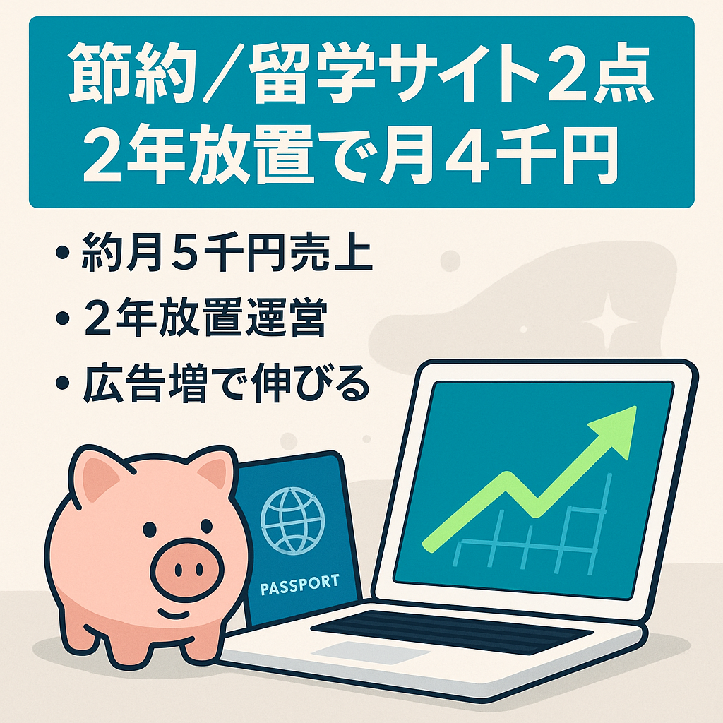 【2サイトセット】2年完全放置で毎月4,000円以上の売上がある節約・留学サイト