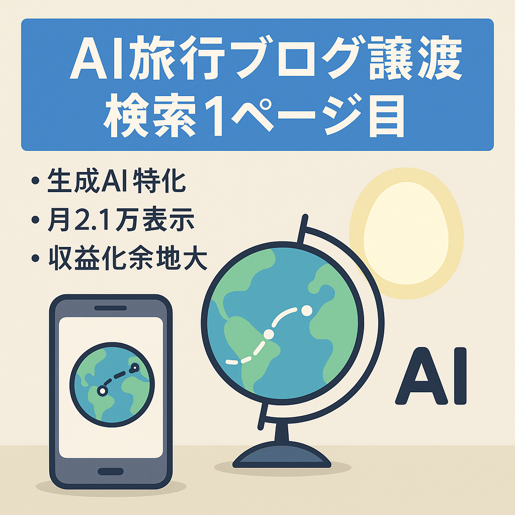 「AI旅行プラン〇〇」で検索1ページ目】将来性◎のAI特化ブログ。12記事投入。アドセンス審査落ち、アフィリ未着手の状態でお譲りします。