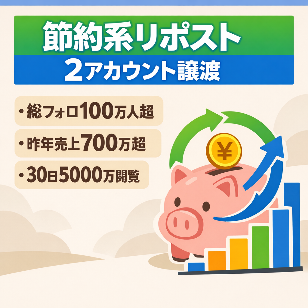 相談可：【総フォロワー100万人超／昨年売上700万円超】顔や声出し無・運用引継ぎ有｜節約系リポスト2アカウント