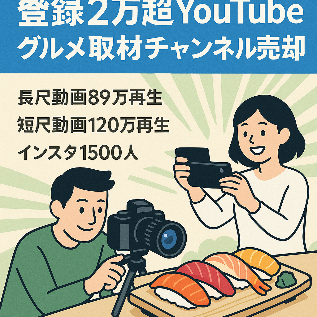 【YouTube登録者2万人超え】飲食店を取材して動画にする専門分野特化型グルメチャンネル　〈長尺動画最高85万回再生、ショート動画120万回再生〉【1500FWInstagram付き】