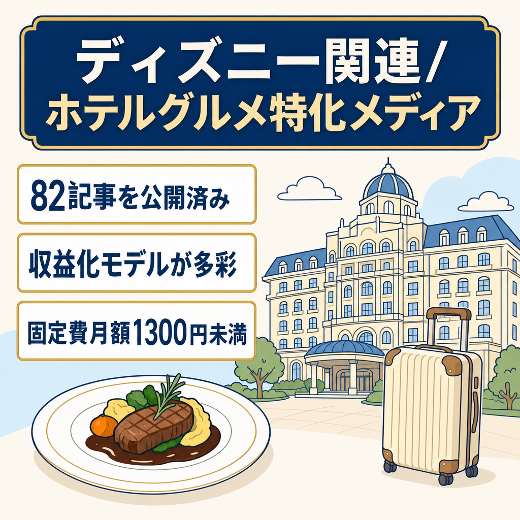 【82記事・サポート付き】ラグジュアリーホテル・ディズニー関連KWで集客｜即日譲渡可能なホテルグルメ特化メディア