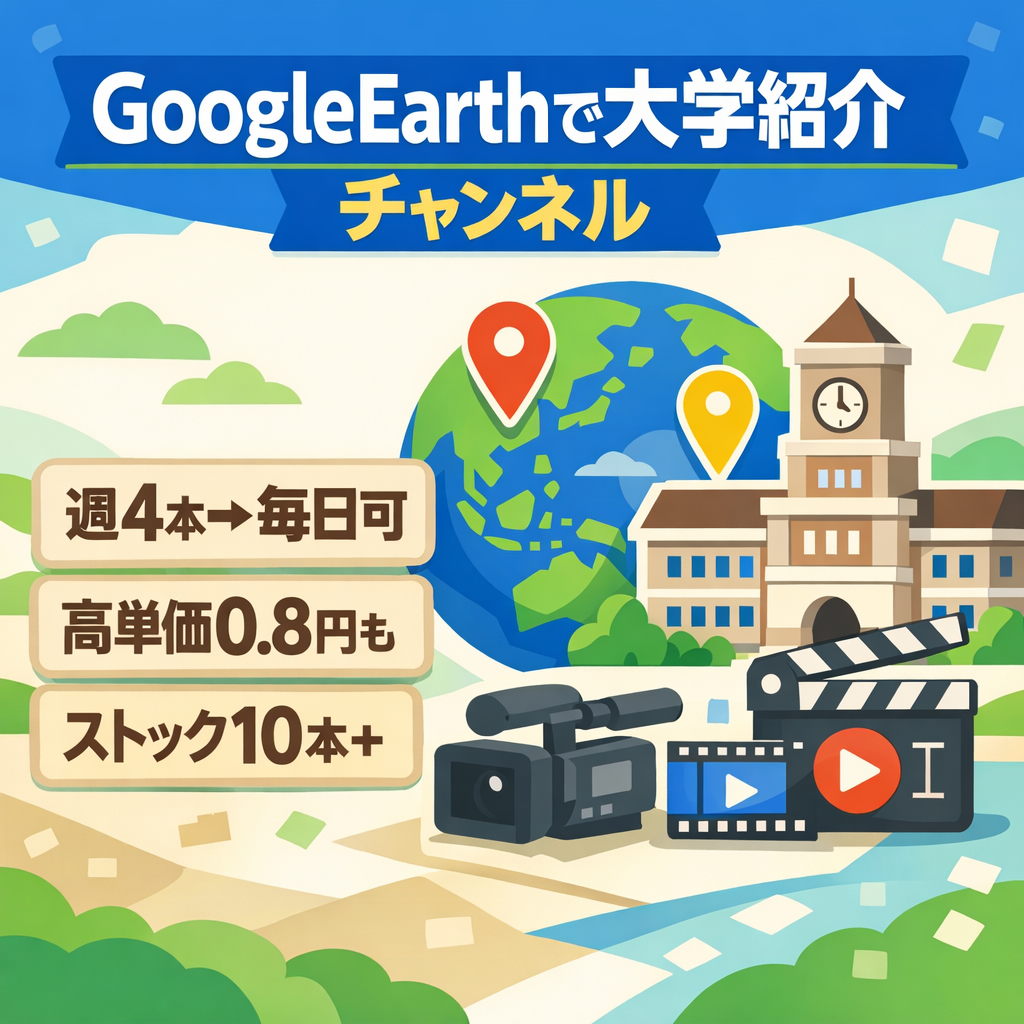 【値引き交渉大歓迎！】直近利益60万円のGoogle Earthを活用した大学紹介チャンネル｜非属人｜マニュアル、プロンプト、編集者も完備