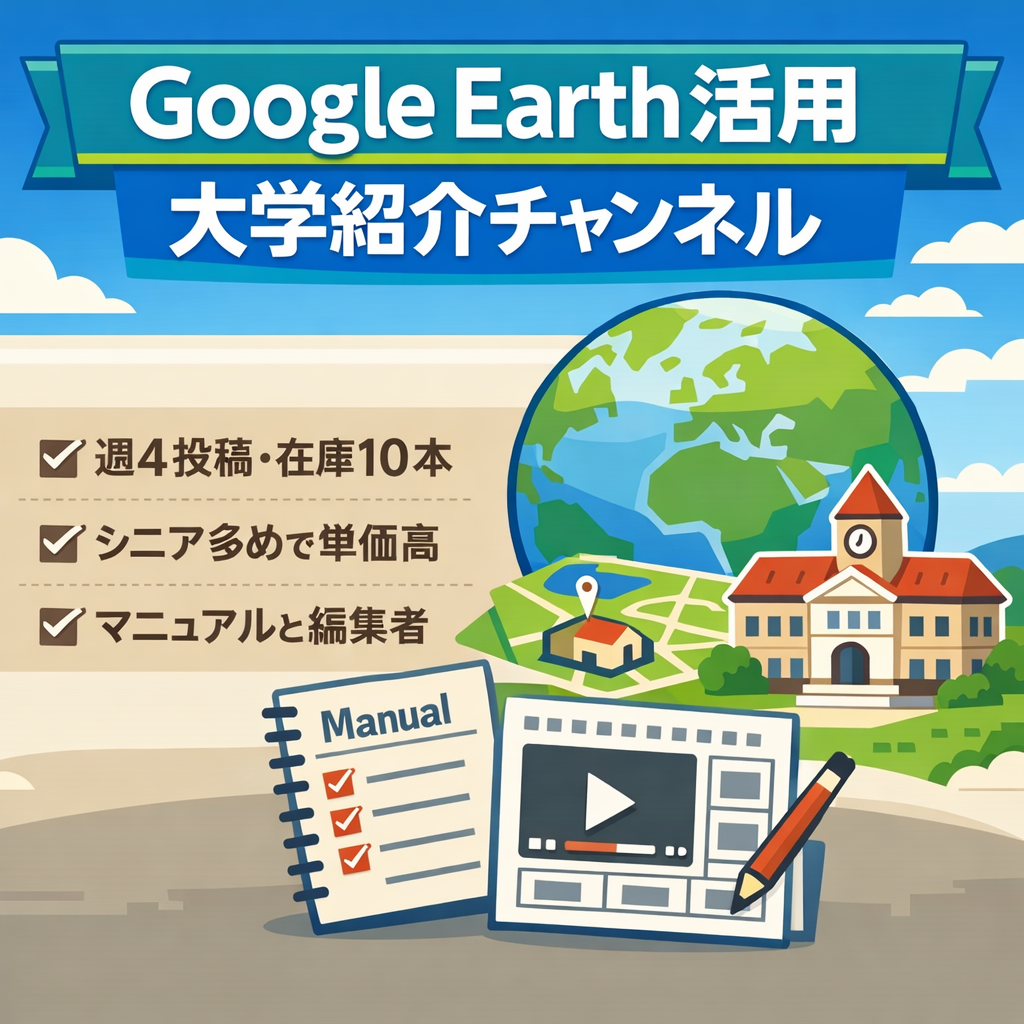 【値引き交渉大歓迎！】利益79万円のGoogle Earthを活用した大学紹介チャンネル｜非属人｜マニュアル、プロンプト、編集者も完備