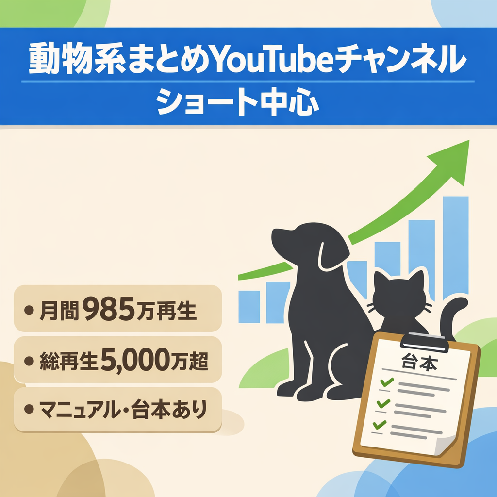【直近月間再生数985万/2月収益化済み】動物系まとめYouTubeチャンネル　ショート中心・運用マニュアルあり