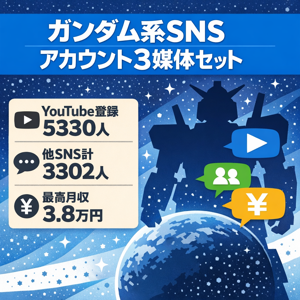 ガンダム系SNSメディア｜YouTube登録5,330人＋TikTok1,425人＋Instagram1,877人｜SNS3媒体セット｜最高月収3.8万円