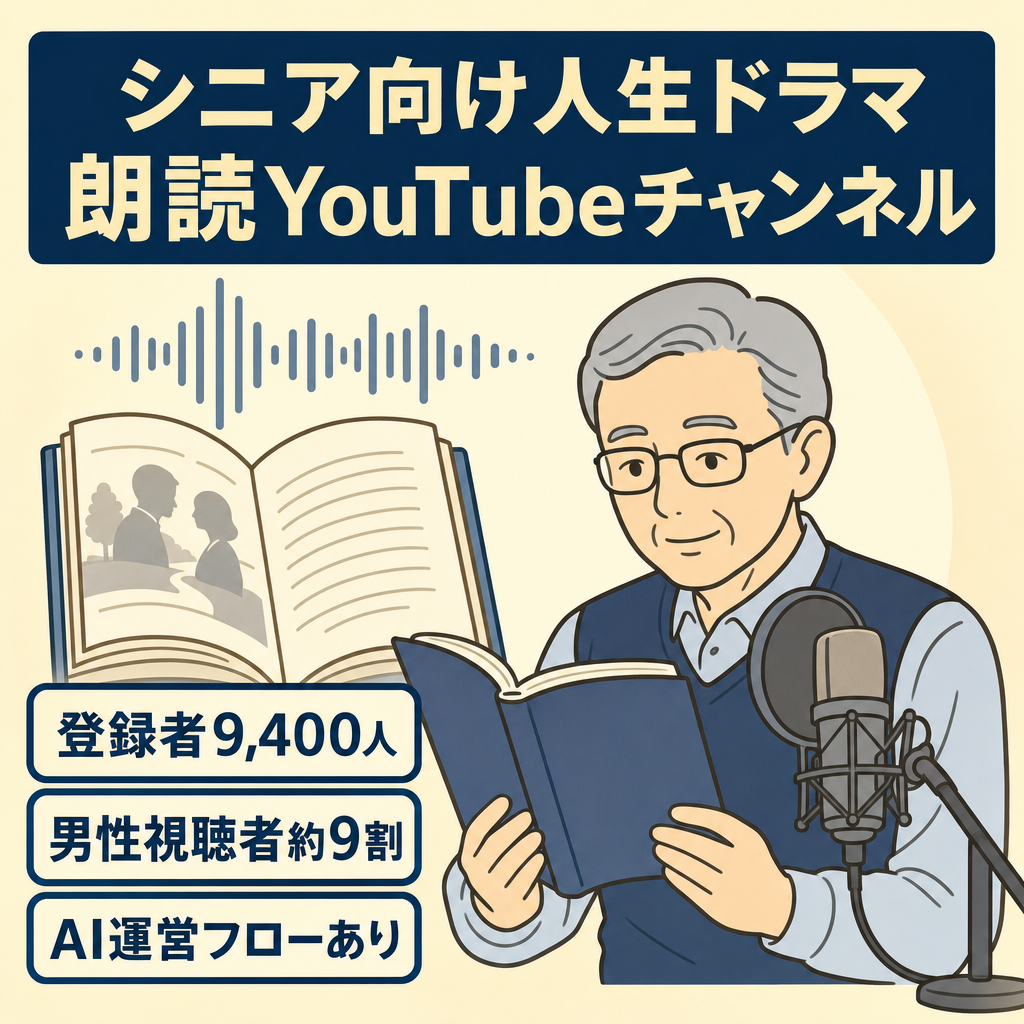 【登録者9,400人・男性視聴者約9割】シニア人生ドラマ・朗読YouTube（AI運営フローあり）