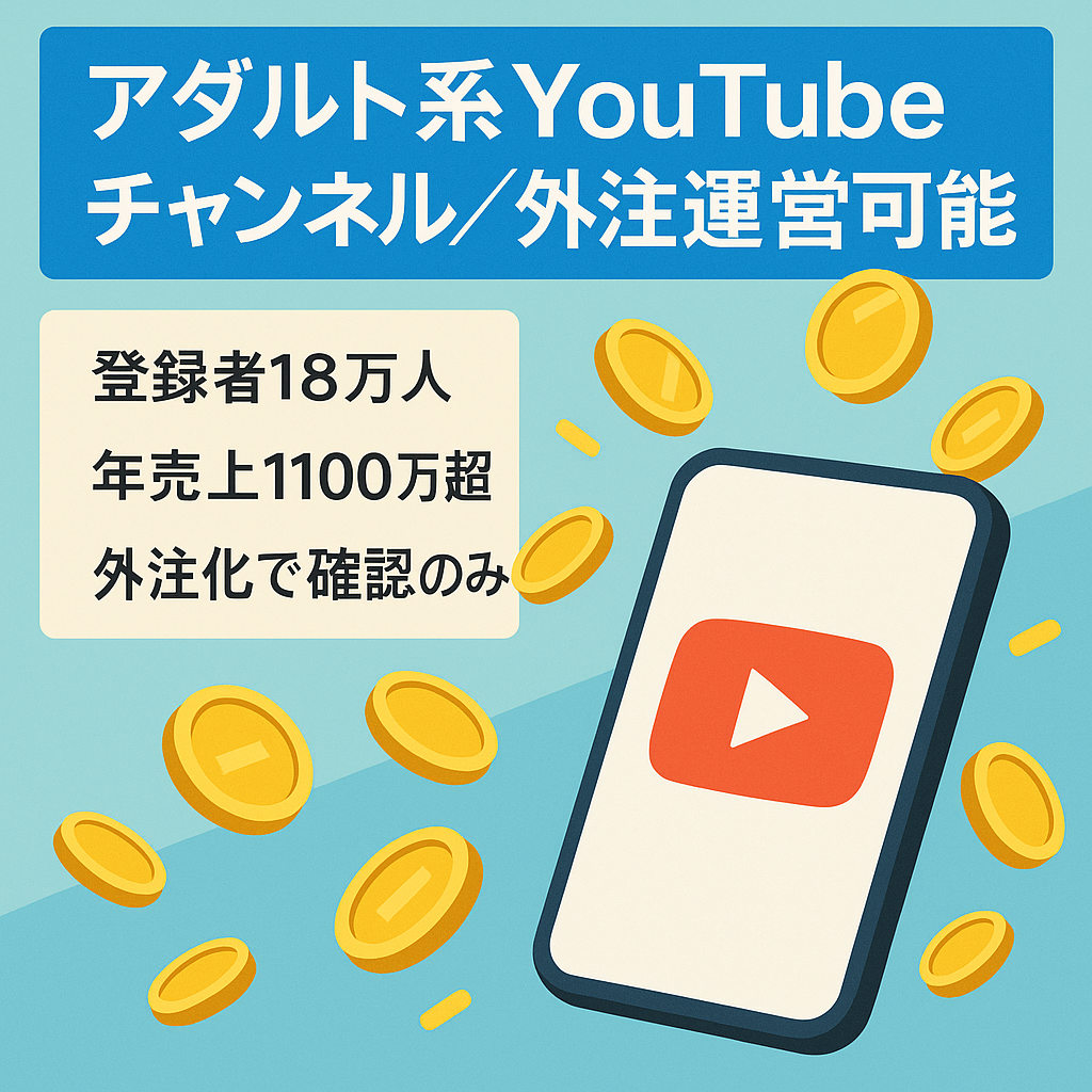 【登録者18万人】【直近12か月売上1,100万超】 完全外注化済み！チェックオンリーで運営可能なアダルト系YouTubeチャンネル【最大月利600万円】