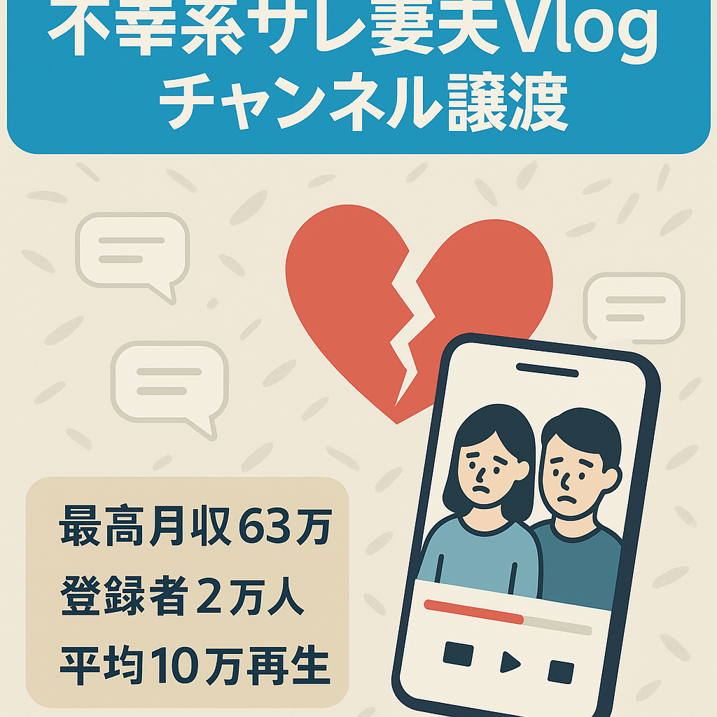 【最高月収：63万，登録者2万人以上】サレ妻・サレ夫系の不幸系Vlogのチャンネル譲渡