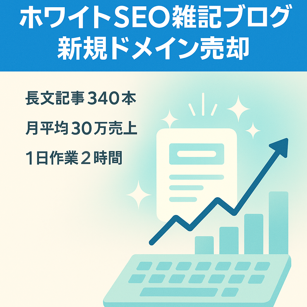 【平均売上月30万/月65万PV】新規ドメインのホワイトSEO雑記ブログ！外注運営で1日2時間の作業！