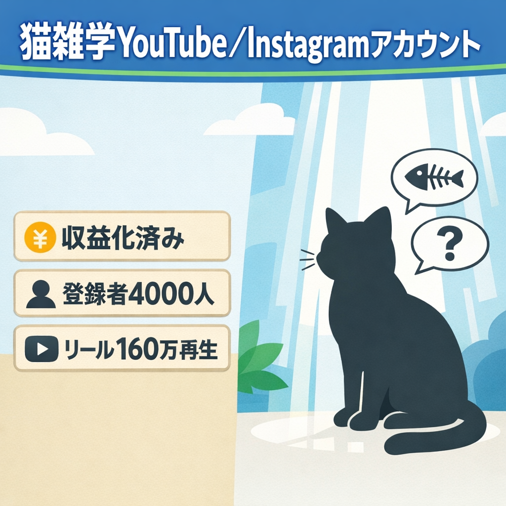 【収益化済 / 非属人Youtube登録者4000人】猫雑学系Youtubeチャンネル 【Instagramリール動画100万再生以上の動画多数有/フォロワー数6000人越え】