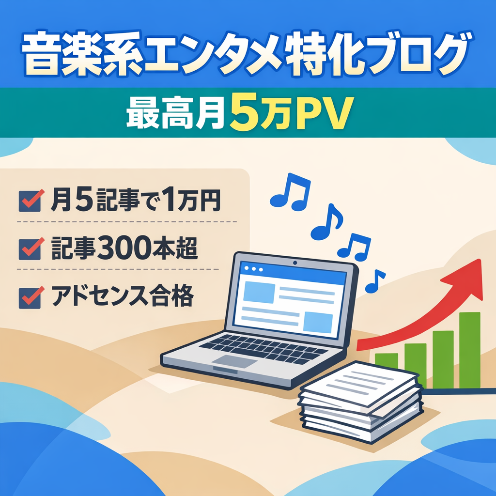 【月5記事で1万円】月PV最高5万・音楽系エンタメ記事300記事以上のプチ特化ブログ