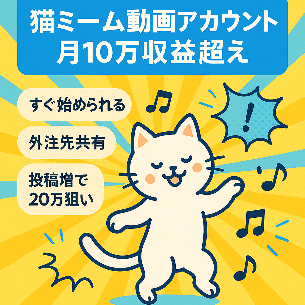 【継続収益】大人気猫ミーム動画月10万収益超え投稿本数を上げれば収益増の可能性あり