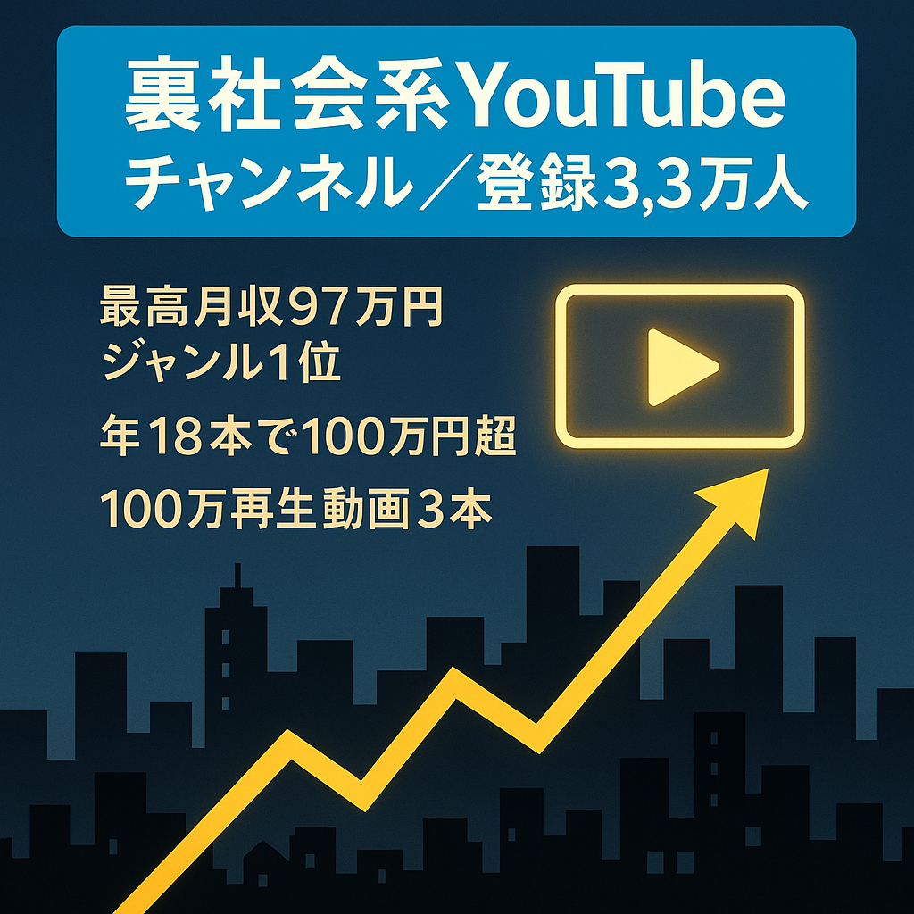 🔴最終値下げ🔴【最高月収97万円！年間18本投稿のみで100万円以上！100万再生超えが3本！】日本の裏社会系YouTubeチャンネル【登録者33,000人以上！フル外注OK！】