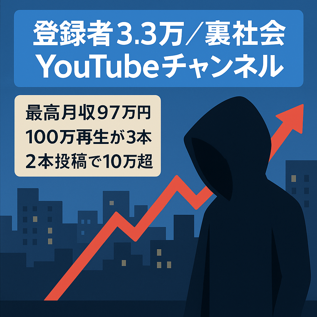 🟡最終値下げ🟡【最高月収97万円❗️2本投稿で月収10万円越え❗️登録者3.3万人以上❗️】日本の裏社会系YouTubeチャンネル【100万再生超えが3本❗️】