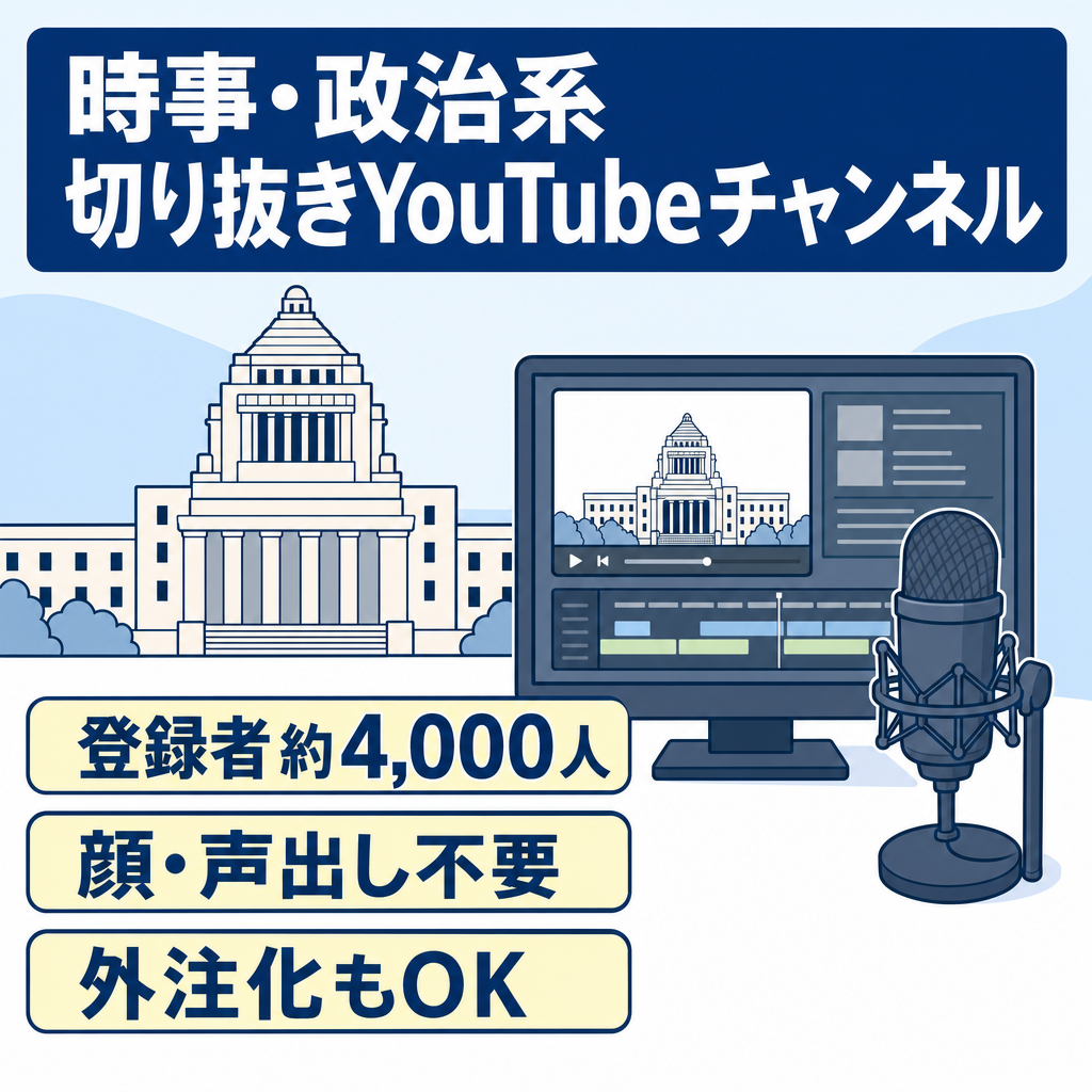 【登録者約4,000人】非属人/顔・声出し撮影一切不要/フル外注化OK/切り抜きYouTubeチャンネル(時事・政治系)