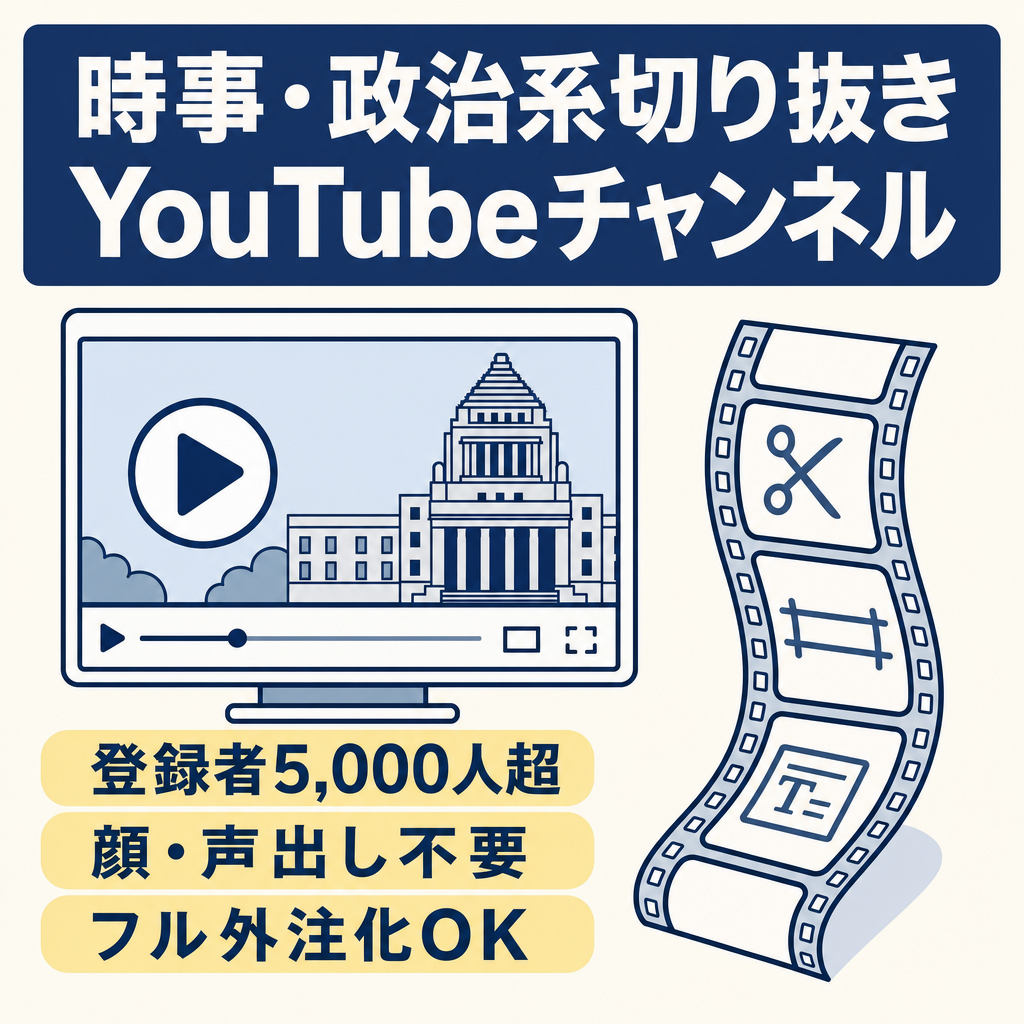 【登録者5,000人超え！】非属人/顔・声出し撮影一切不要/フル外注化OK/切り抜きYouTubeチャンネル(時事・政治系)