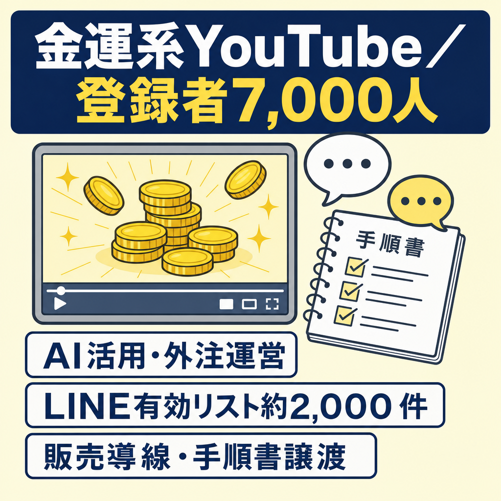 【登録者7,000人】金運系YouTube＋LINE有効リスト約2,000件｜AI運営・マニュアル完備・収益導線一式譲渡