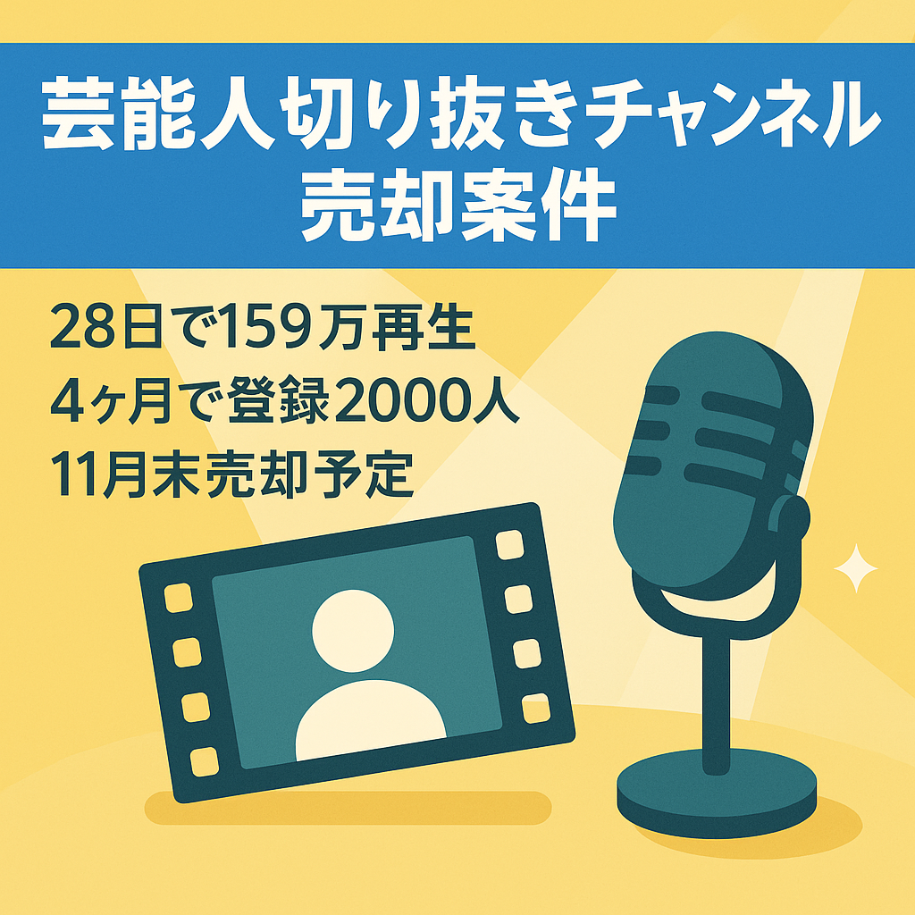 【直近28日間で合計159万回再生】チャンネル登録者2000人超／芸能人切り抜きチャンネル売却案件