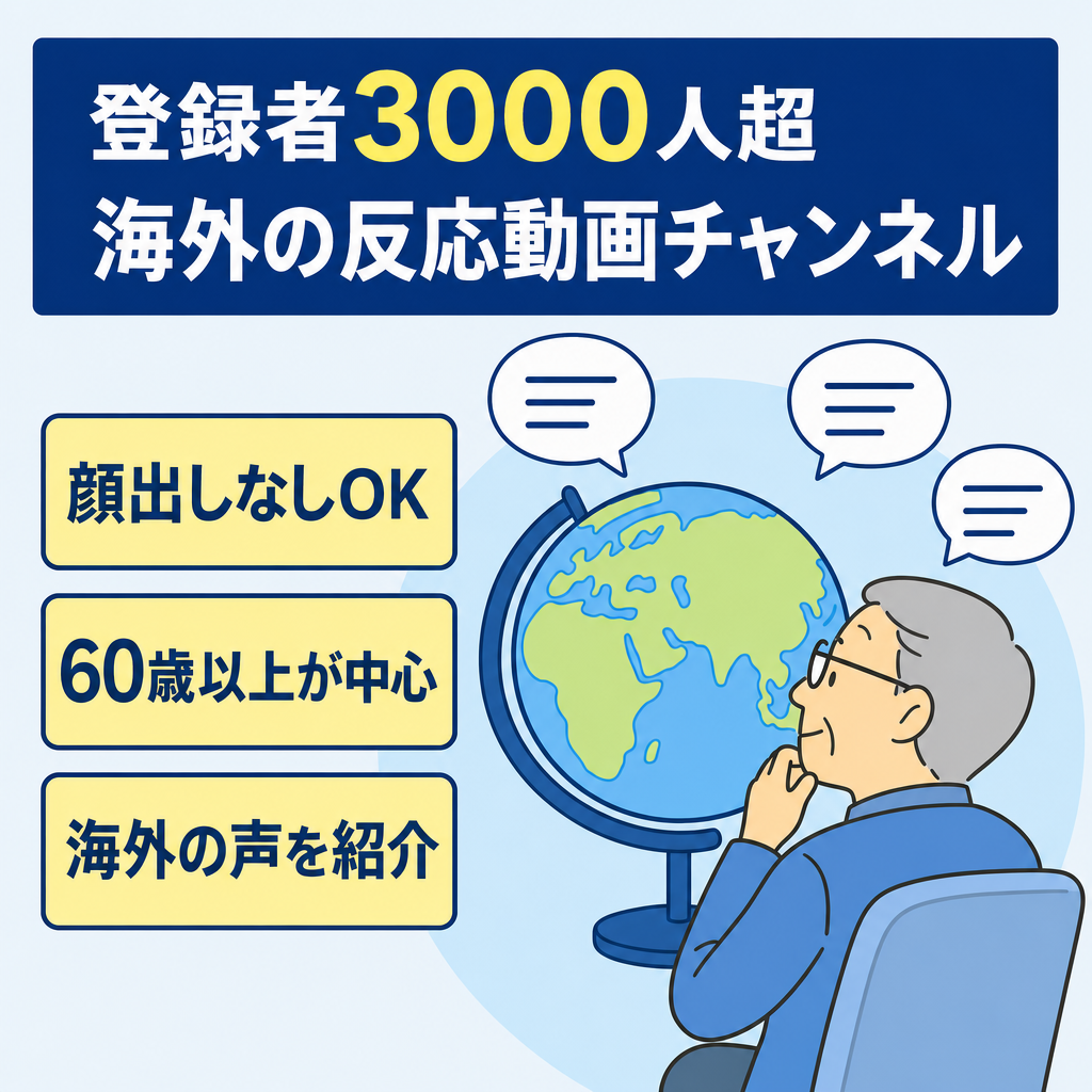 登録者数3000人以上。ジャンルは海外の反応。視聴者割合は60歳以上が多数。