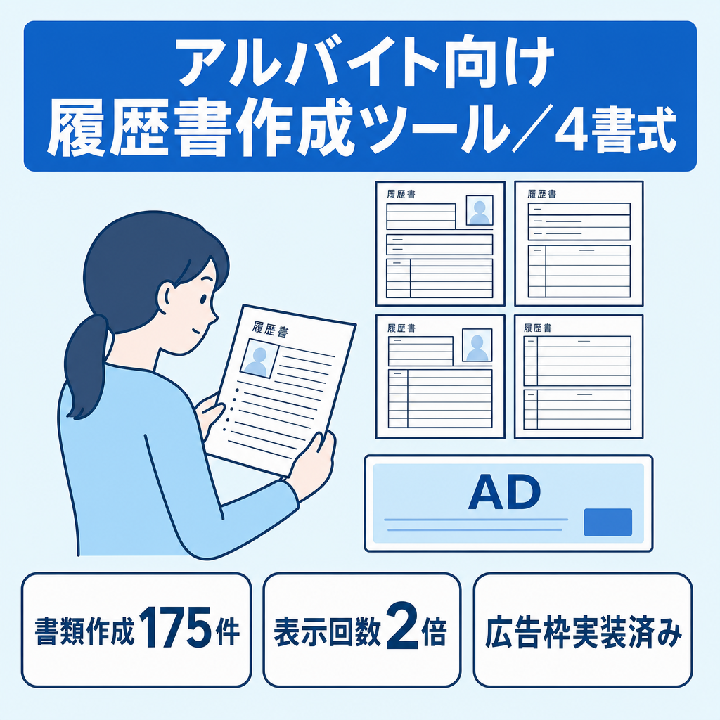【アルバイト・パート層に強い】履歴書・職務経歴書ツール｜4書式・学歴欄の自動作成・和暦西暦切替／公開4.5か月で書類175件／9月の施策で表示回数2倍