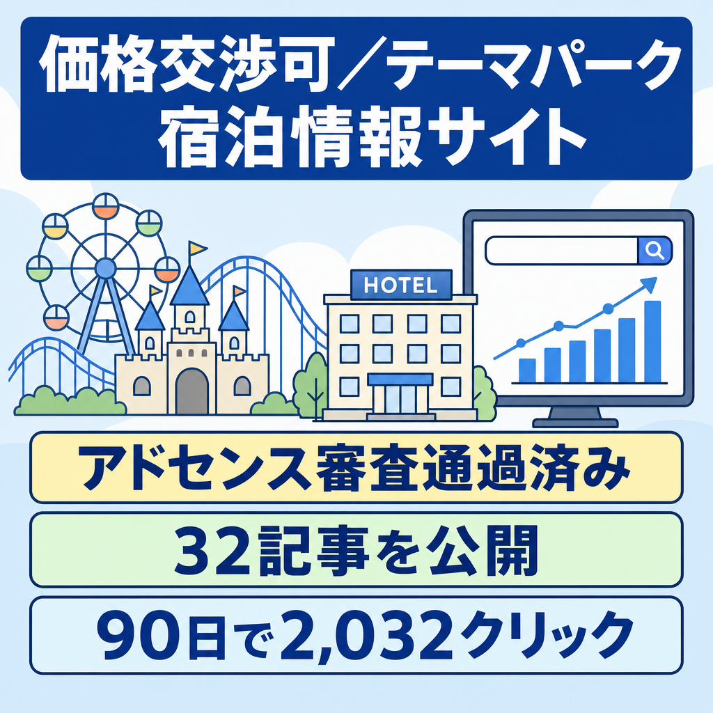 【金額交渉可】現運営環境でアドセンス審査通過済｜32記事のテーマパーク宿泊情報サイト