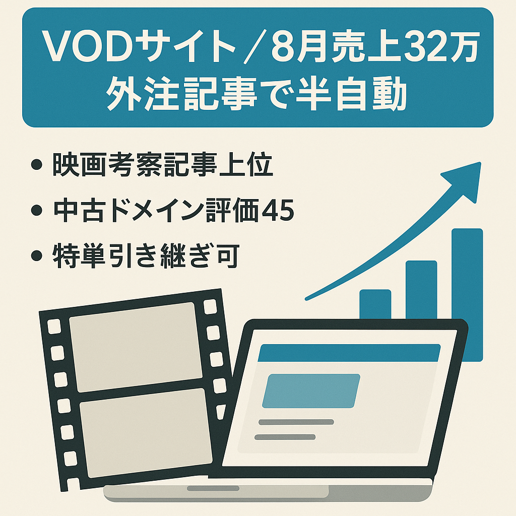 ※最終値下げ【VODサイト】8月売上32万円！全記事外注で半自動＆特単の引き継ぎ可！その他特典多数