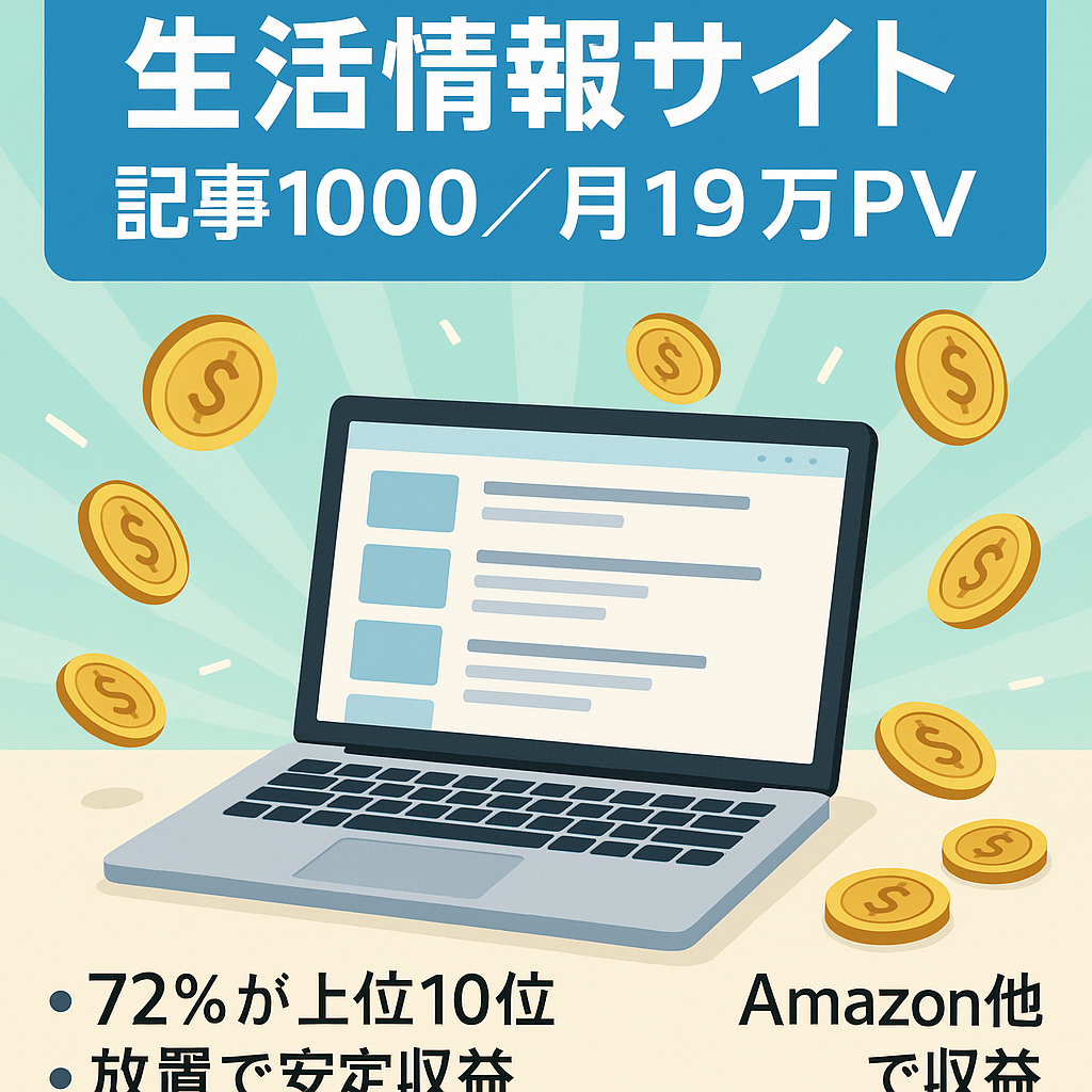 【記事数1000以上】月間PV19万以上！Amazon・Adsenseなど収益分散で放置でも収益安定化済みの生活情報サイト
