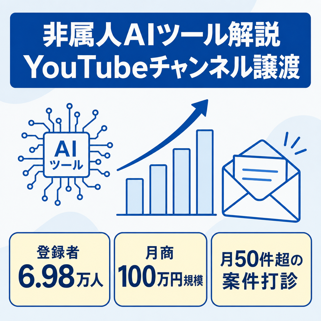 【登録者6.98万人／月100万円超】AIツール解説系YouTubeチャンネル譲渡｜企業案件が月50件超打診／非属人・ペナルティなし・サポート付