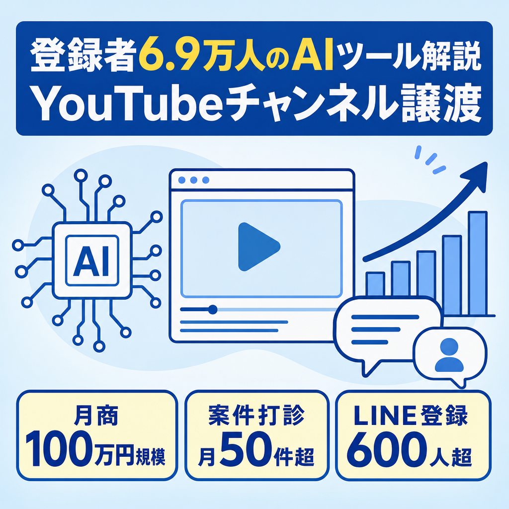 【価格交渉可／月100万円超】登録者6.9万人AIツール解説系YouTubeチャンネル譲渡｜企業案件が月50件超打診／非属人・ペナルティなし・サポート付