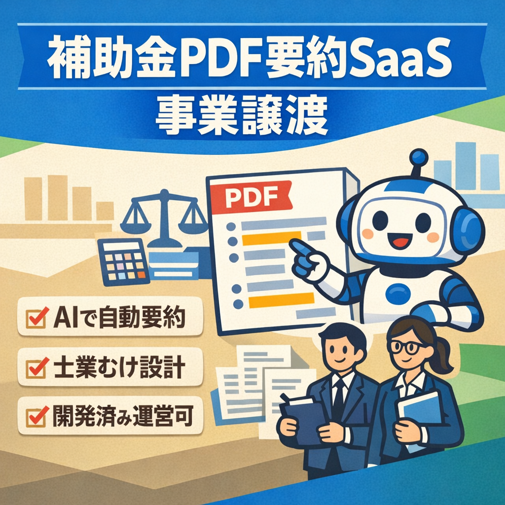 【AI×補助金市場】補助金PDF自動要約SaaS事業譲渡｜開発完了・運営可能状態
